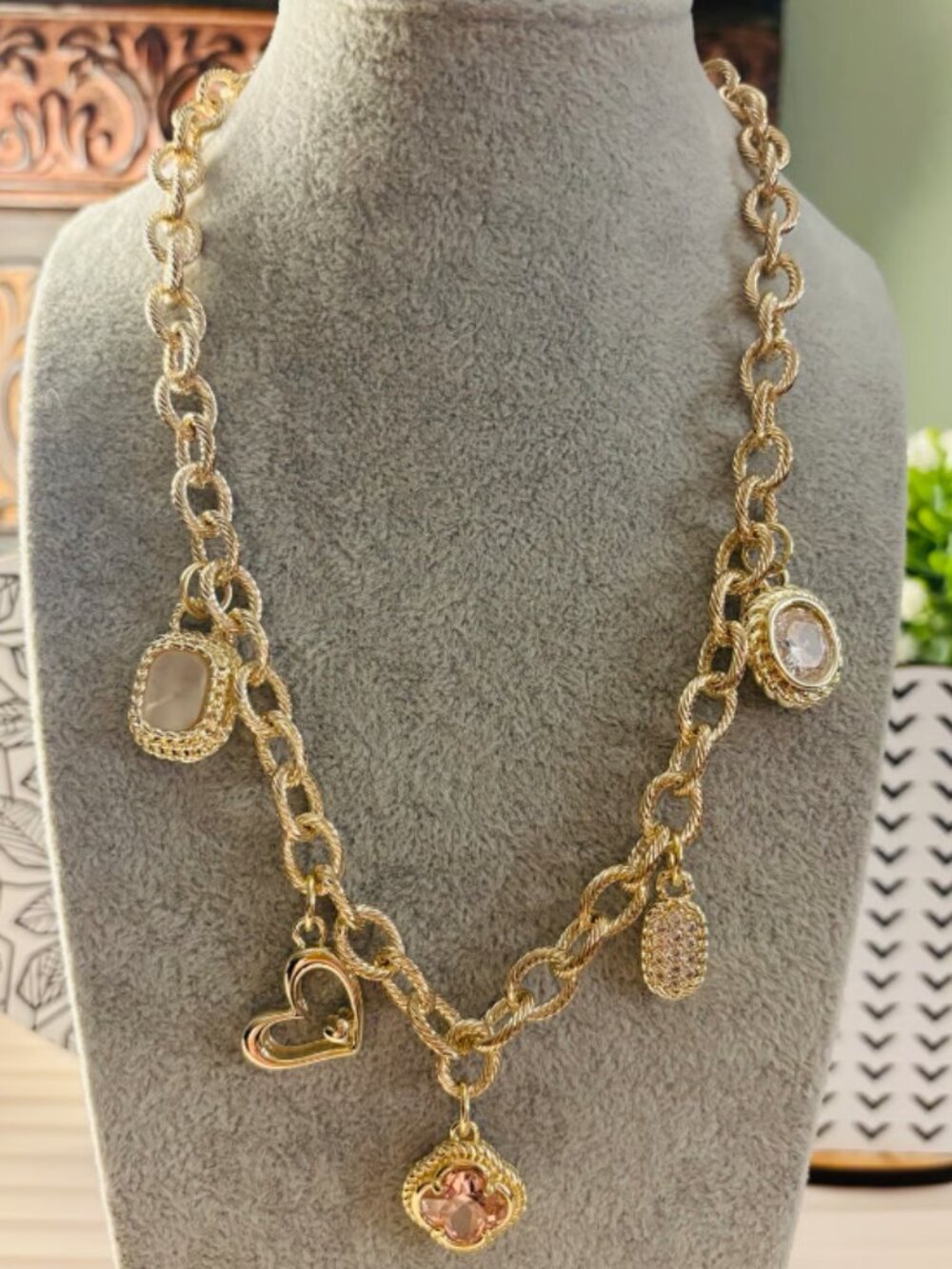 Gold Tone Charm Necklace with Heart and Gemstone Pendants